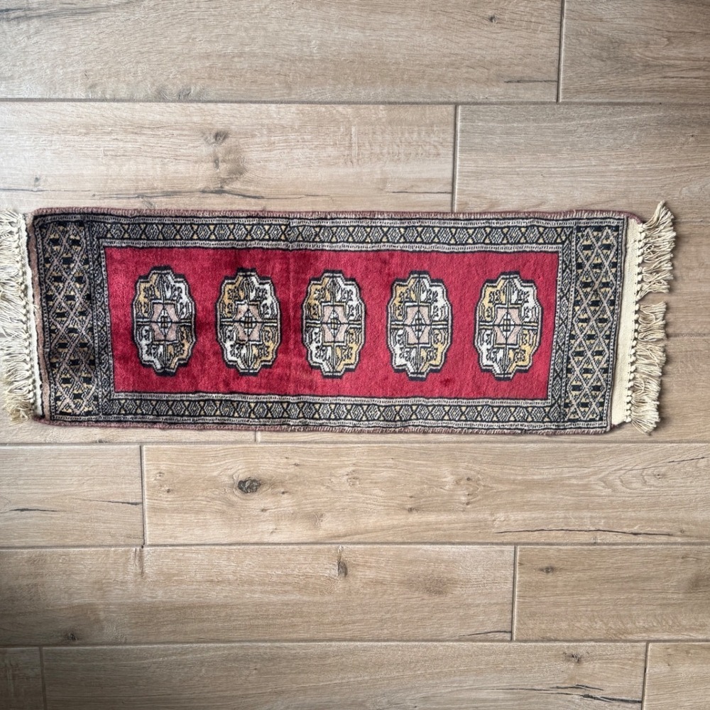 Bukhara Table Runner12x36 Red Wool Hand Knotted Tribal Geometric Rug